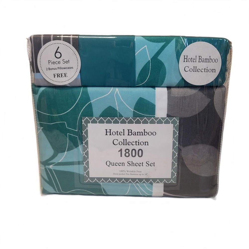 Hotel Bamboo Collection 1800 Queen Sheet Set 6 Piece Teal Grey Floral Geometric